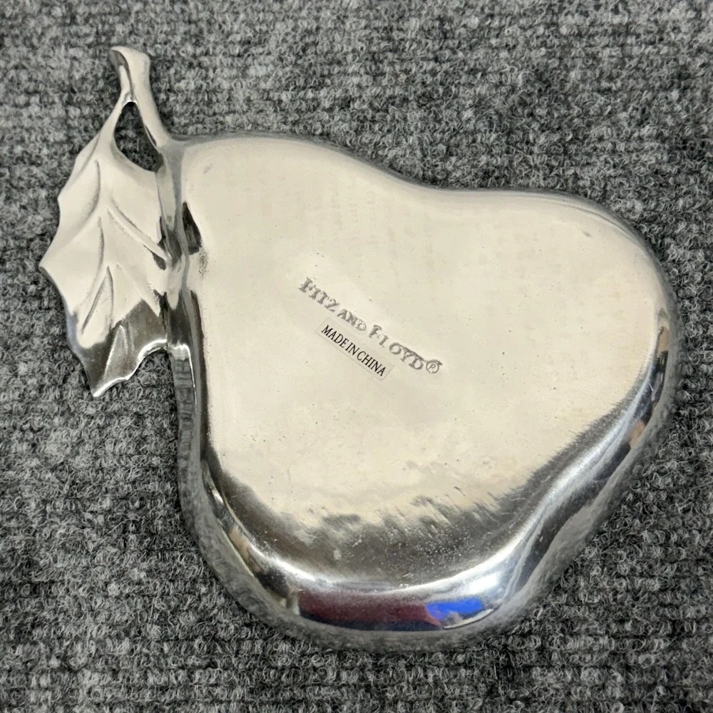 Fitz & Floyd Silver Metal Pear Shaped Serving Tray Small Leaf Handle Decor